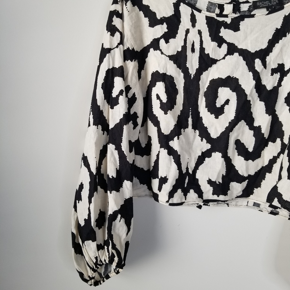 Rachel Zoe Black/Cream Geometric Long Balloon Sleeve Linen Blend Blouse Size L - Picture 11 of 11
